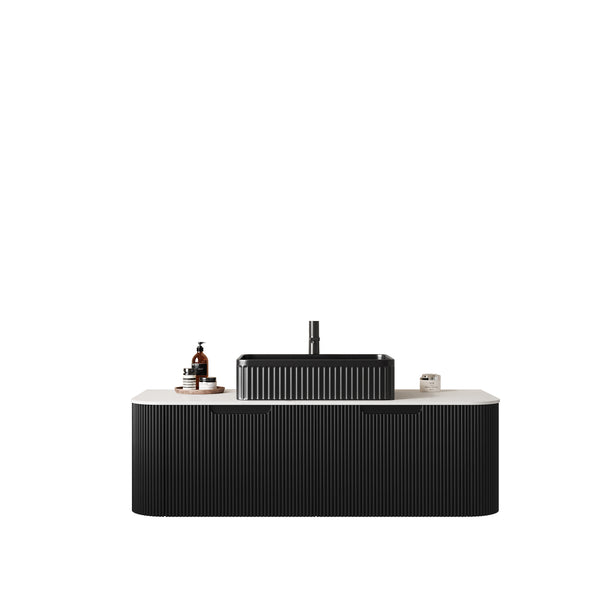English Elm Dina Floating Bathroom Vanity with Crystal Glass Basin and Sintered Stone Top Black,Carrara White W2615S00185