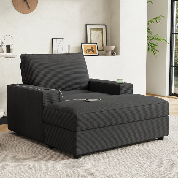 English Elm Christopher Knight Home® - 42.8" Oversized Chaise Lounge with Storage Ottoman, Corduroy Upholstery, USB Port & Cup Holders for Cozy Living Space Grey N765P350851G