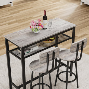 English Elm Bar Pub Table and 2 Stools Set – Space-Saving Grey MDF & Steel Bistro Dining Set for Kitchen, Party Room, Compact Living W578P304319