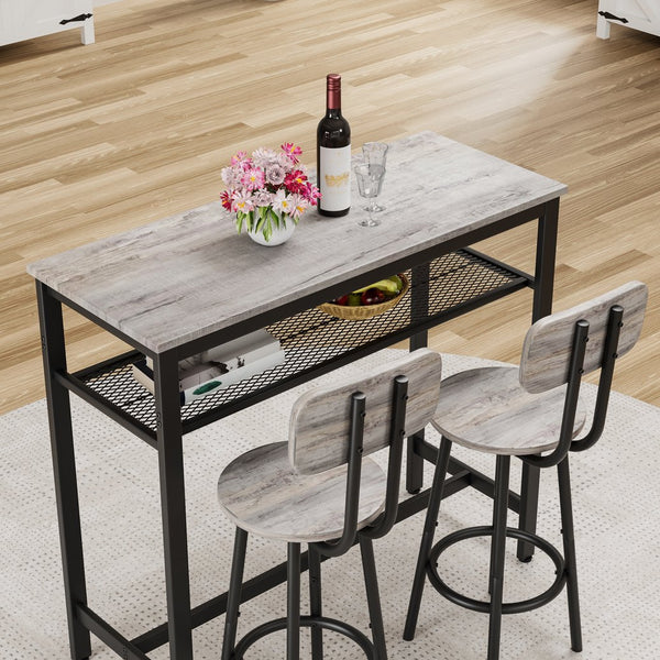 English Elm Bar Pub Table and 2 Stools Set – Space-Saving Grey MDF & Steel Bistro Dining Set for Kitchen, Party Room, Compact Living W578P304319