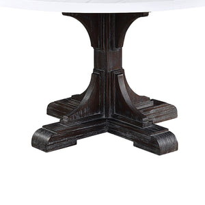 English Elm Round Elegant Pedestal Dining Table with White Faux Marble Top and Weathered Espresso Carved Base B016S00013