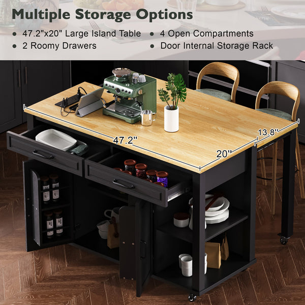 English Elm K&k Farmhouse Kitchen Island Extendable Table Rubber Wood Veneer Built-in Charging Storage Black N707S215327B