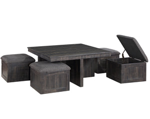 English Elm Montalbano Square Coffee Table with Four Nesting Wheeled Ottoman Storage Stools Gray B2749P413275
