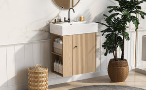 English Elm 21.6 Modern Floating Bathroom Vanity with Ceramic Basin, Wave Door, Rose Gold Handle, Space-Saving Wood N729P170390D