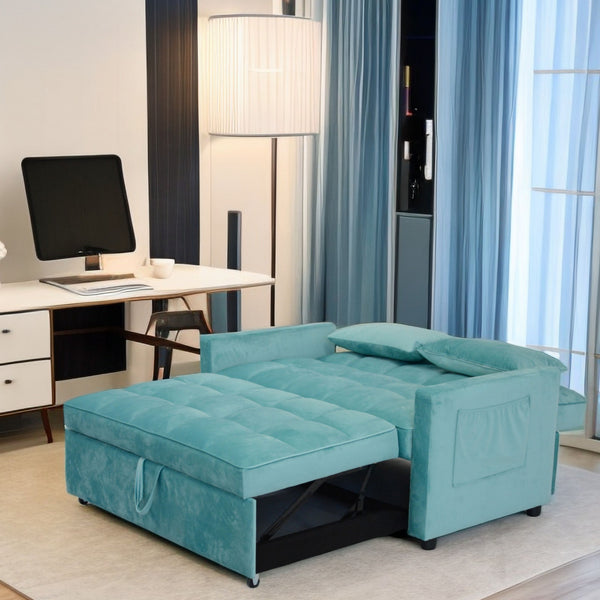 English Elm 55.2" Velvet Two Seater Sofa Bed with Adjustable Backrest, 3 USB Ports, Side Pockets, Space-Saving Lounge (Peacock Blue) W1183138561