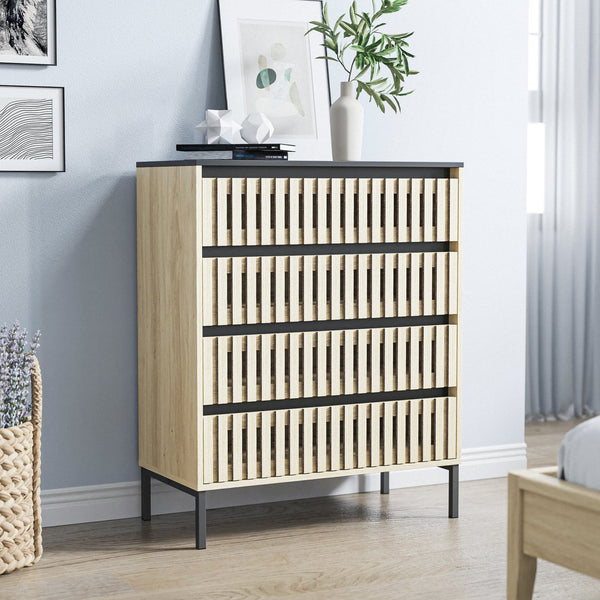 English Elm Fluted,4 Drawer Chest with Slatted Fronts — Large Capacity Freestanding Storage, Natural+Black Finish W2673P208644