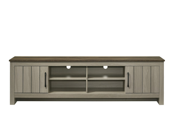English Elm Tropea 58 Inch Open Shelf Media Console with Oak Finish and Cord Management B2749P413255