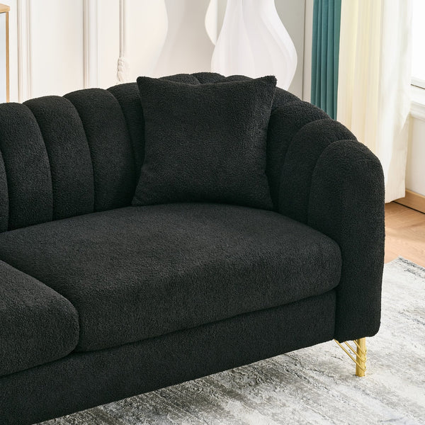 English Elm 63" Chenille Loveseat Sofa Luxury 2-Seater Deep Tufted Couch with Gold Metal Legs and Pillows Black W3373S00037