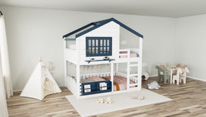 English Elm Full Bunk Bed with Trundle Bookshelf Storage Pine Frame Car Design for Kids White W1580S00552