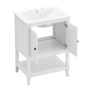 English Elm 24" Morandi White Bathroom Vanity with Ceramic Sink, Solid Wood Frame & Open Shelf, Modern Elegance N725P189823K