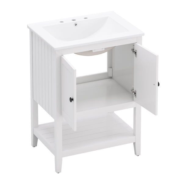 English Elm 24" Morandi White Bathroom Vanity with Ceramic Sink, Solid Wood Frame & Open Shelf, Modern Elegance N725P189823K