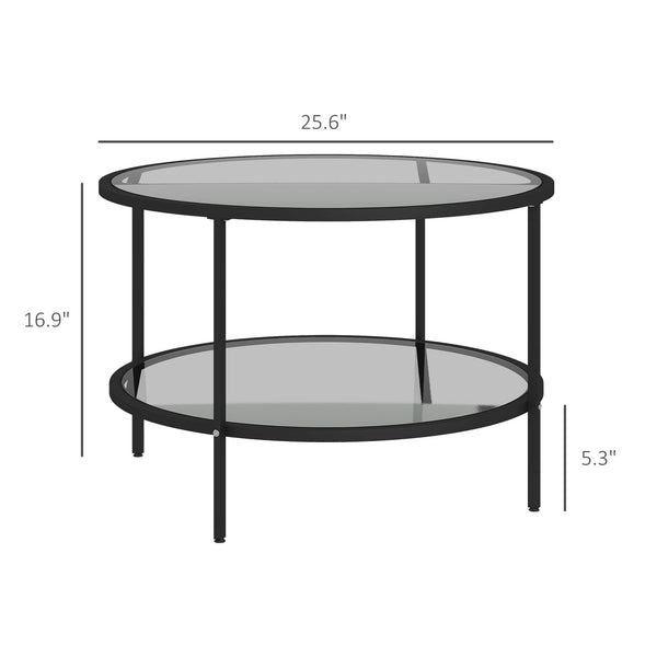 English Elm Homcom 26" Round Side Table With 2-Tier Tempered Glass, Stylish Black Steel Frame For Living Room Use W2225P217457