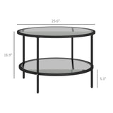 English Elm Homcom Side Table With Storage, 26" Round End Table, 2-Tier Tempered Glass Coffee Table With Steel Frame For Living Room, Black