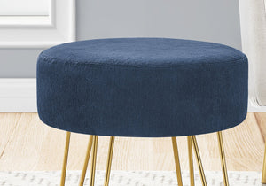 English Elm Ottoman, 14" Round Blue Plush Pouf with Gold Hairpin Legs — Versatile Footrest, Seat & Accent Piece B2710P220008