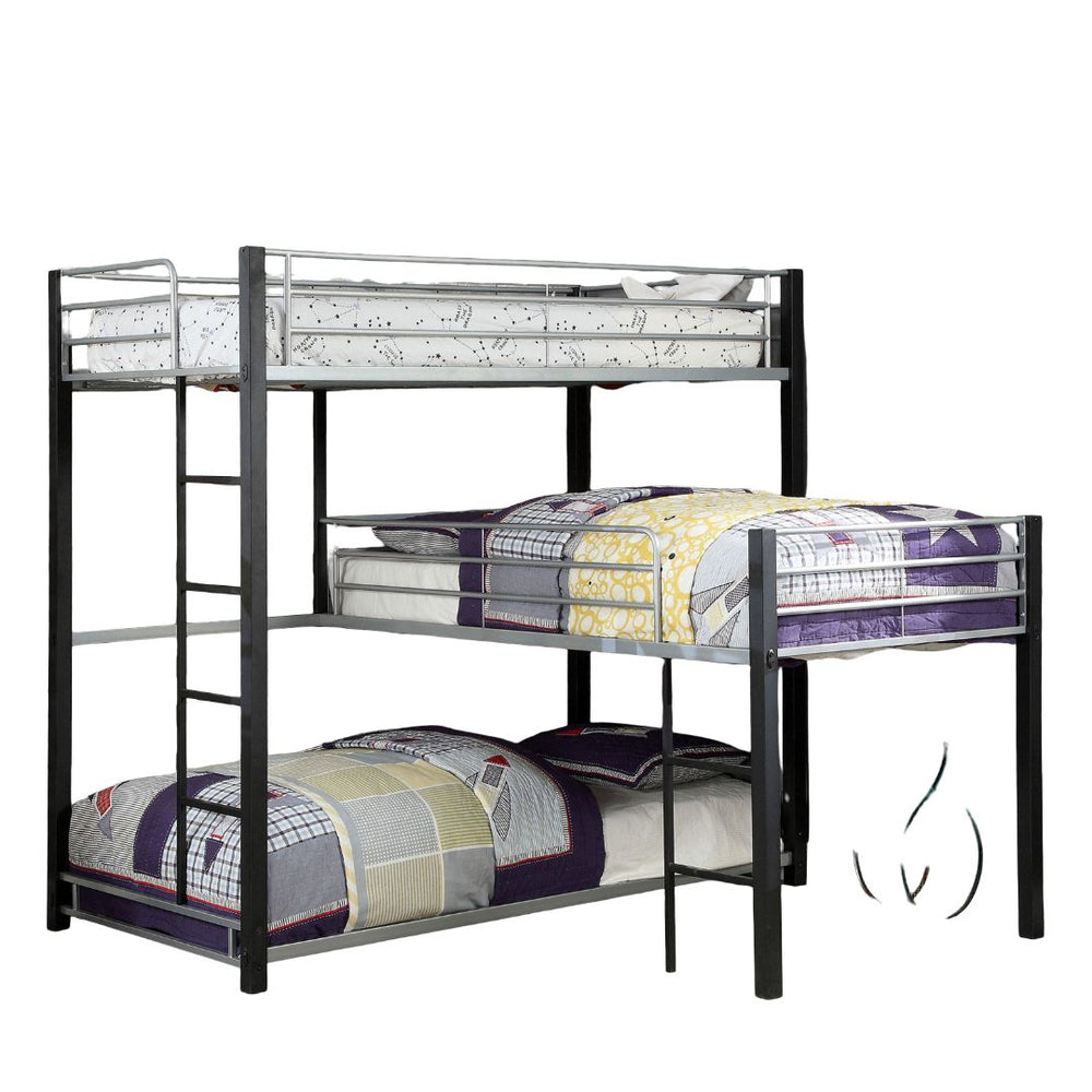 English Elm Unique Triple Twin Decker Bed Modern Metal 3-Tier Bunk with Dual Ladders, Guard Rails, Space-Saving Design B2741S00349