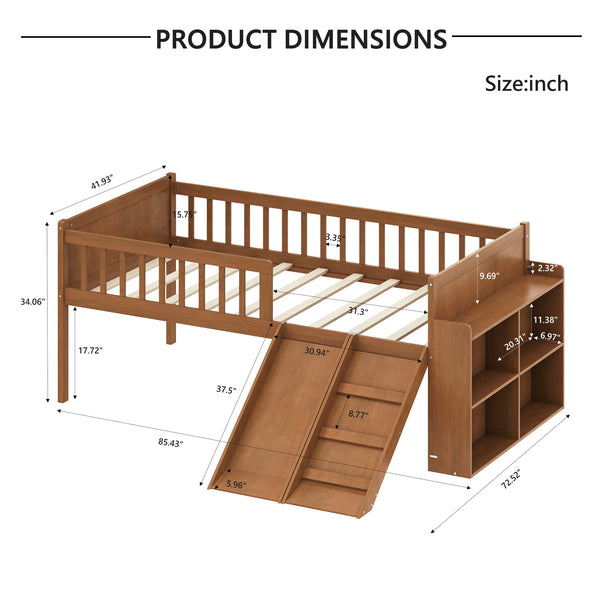 English Elm Twin Platform Kids Bed with Slide Ladder Guardrails Storage Shelf Wood Frame Walnut N733S415411M