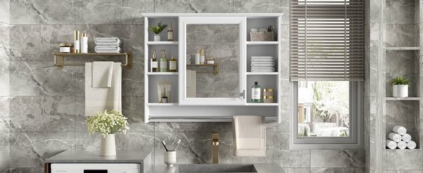 English Elm 3-in-1 Wall Mounted Medicine Cabinet with Soft Close Door Towel Bar and Vanity Mirror White N710P358618K