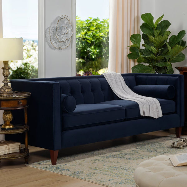 English Elm Jennifer Taylor Home - Jack 84" Modern Tuxedo Tufted Sofa in Plush Velvet with Shelter Arms, Reversible Cushions, Pillows Dark Navy B2719P238407