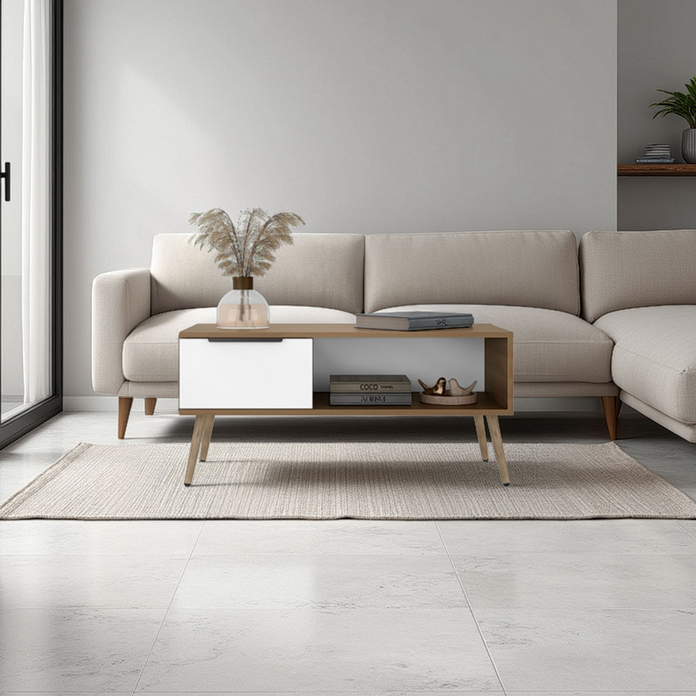 English Elm Basset Scandinavian Two-tone Oak Living Room Coffee Table with Drawer and Open Shelf B097P474258