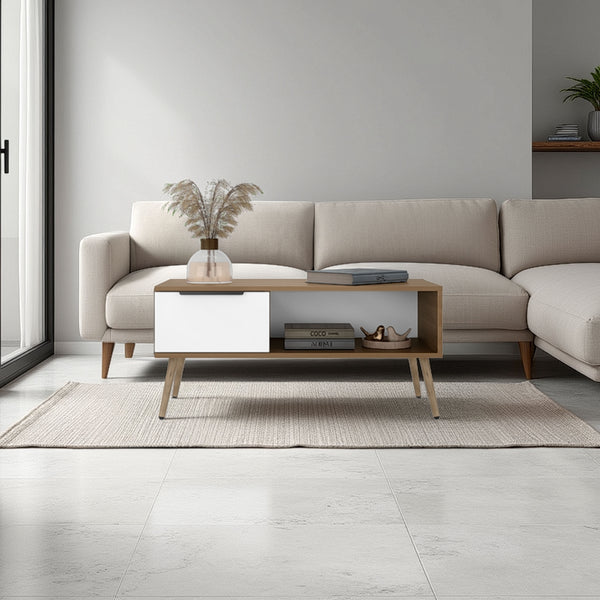 English Elm Basset Scandinavian Two-tone Oak Living Room Coffee Table with Drawer and Open Shelf B097P474258