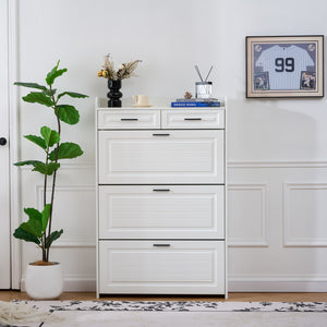 English Elm Two drawer three-fold shoe cabinet with ample vertical shelving, smooth finish, compact entryway storage White W3871P368975