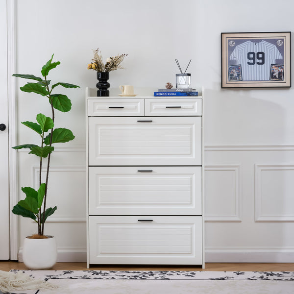 English Elm Two drawer three-fold shoe cabinet with ample vertical shelving, smooth finish, compact entryway storage White W3871P368975