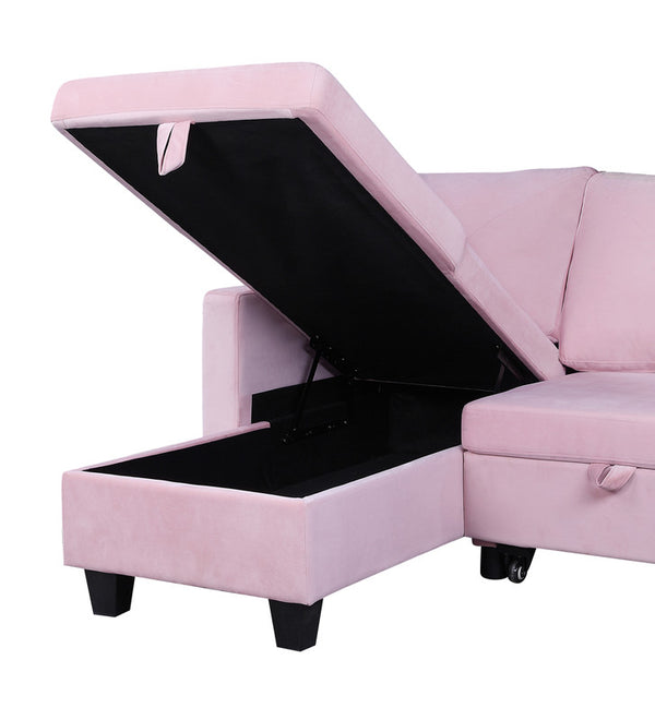 English Elm Novella Velvet Sleeper Sectional with Reversible Chaise and Hidden Storage for Small Spaces Pink B2749S00197