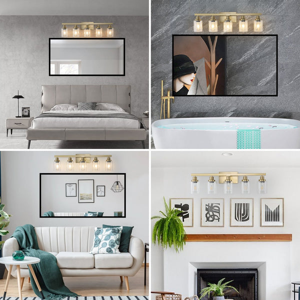 English Elm 31" Golden 5-Light Vanity Light with Clear Glass Shades, Modern Iron Wall Sconce for Bathroom Mirror W2312P374801