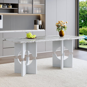 English Elm Modern Marble Print Mdf Dining Table Sculptural Hollow Frame Metal Accents Small Space Gray W3875S00027