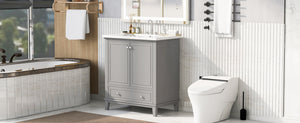 English Elm 30" Bathroom Vanity with Sink — Modern Freestanding 30" Cabinet with Ceramic Top, Drawer, Doors, Shelf Grey N725P221263E