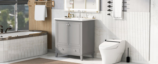 English Elm 30" Bathroom Vanity with Sink — Modern Freestanding 30" Cabinet with Ceramic Top, Drawer, Doors, Shelf Grey N725P221263E