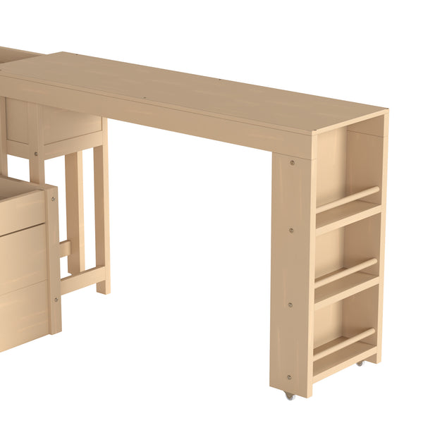 English Elm Twin Daybed Pine Frame with Trundle Desk Hutch Shelves and Storage for Kids Rooms Golden W1580S00460