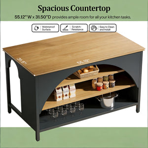 English Elm Farmhouse Kitchen Island with Open Shelves Wood Grain Top Counter Height Prep Table T3971P458845