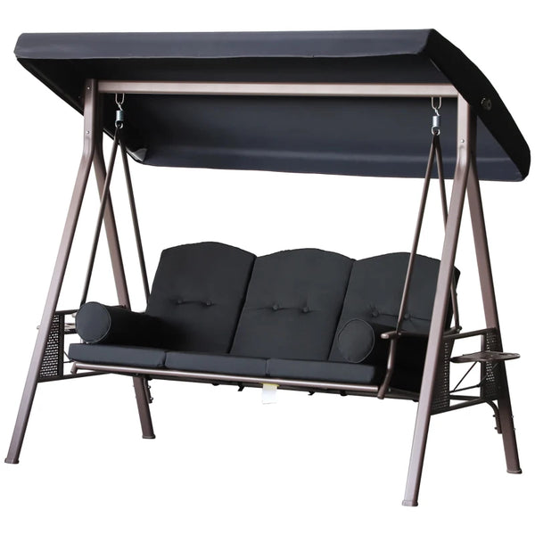 English Elm 3-seat Freestanding Outdoor Porch Swing with Canopy Tufted Cushions and Side Trays T3971S00022