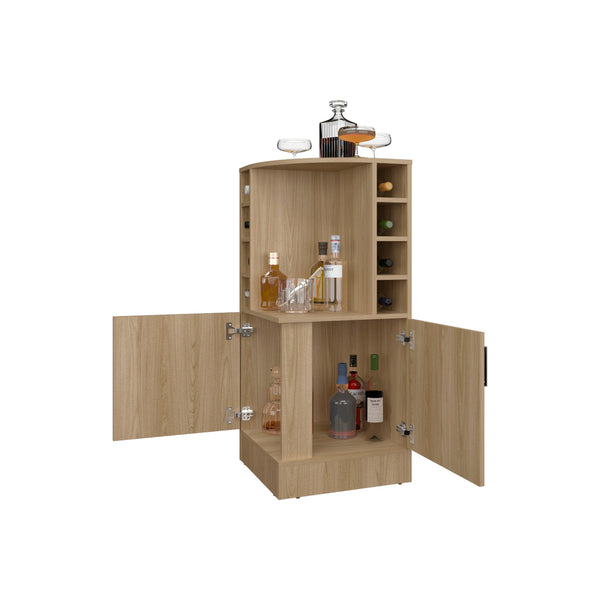 English Elm Natural Oak Tall Bar Cabinet with Bottle Rack, Three Open Shelves, Rustic Storage for Home Bar Decor B062P290256