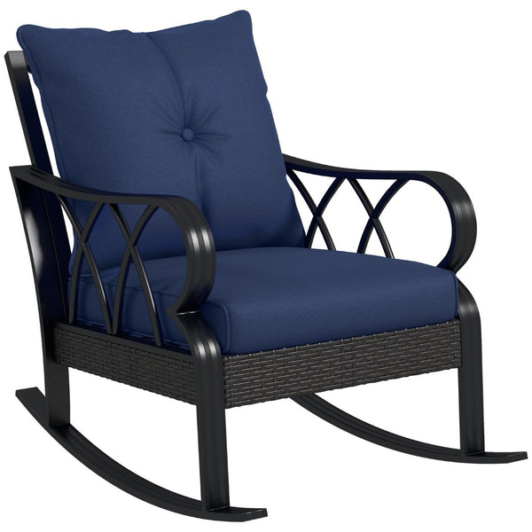 English Elm Outsunny Outdoor Wicker Rocking Chair With Plush Cushions - Stylish Garden & Patio Rocker In Navy Blue W2225P174017-GIGA