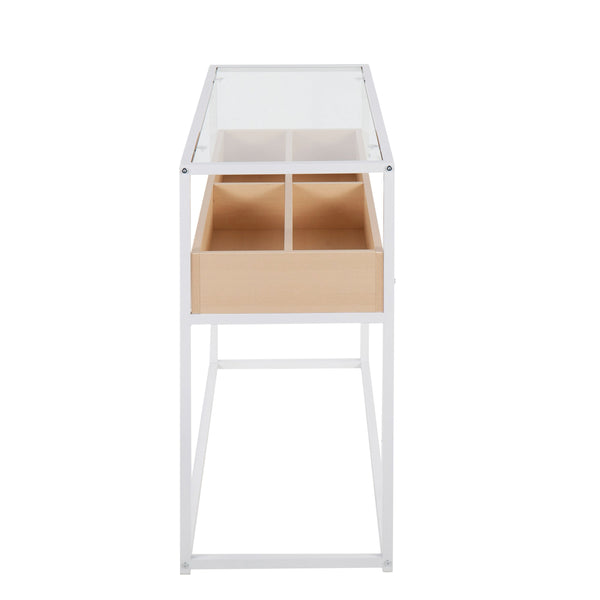 English Elm Contemporary Glass Top Console Table with Matte Black Frame and Wood Storage Natural B202P223379