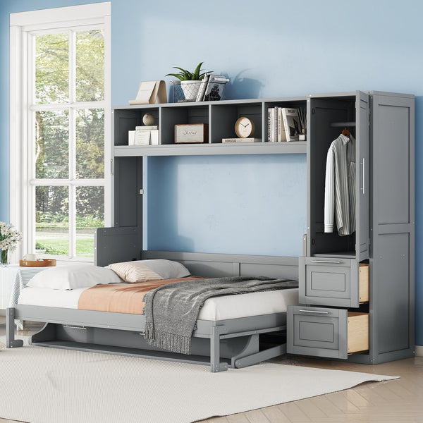 English Elm Full Size Murphy Wall Bed with Wardrobe Drawers Studio Apartment Space Saver Gray LP000792AAE-2