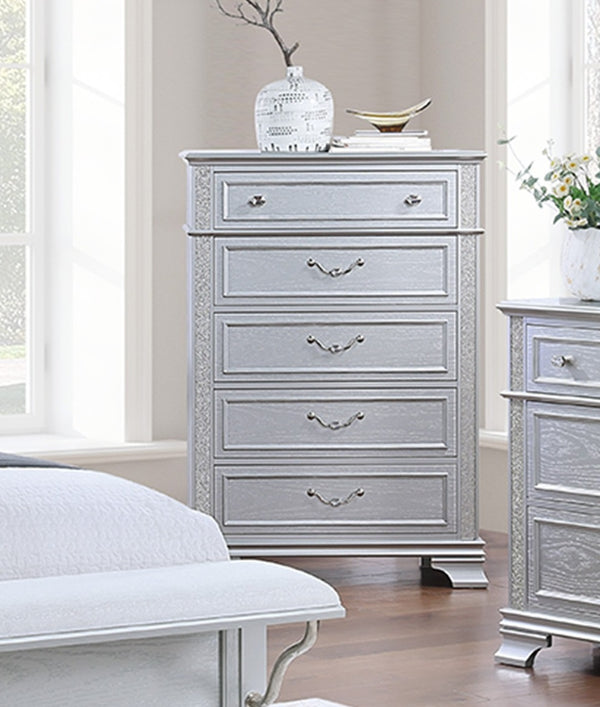 English Elm Elegance Gray 5-Drawer Chest with Crystal Knob & Drop Bail Handles, Sparkle Finish Storage 36x18x52" B011P308561