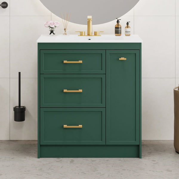 English Elm Classic 30" Forest Green Bathroom Vanity with Gold Handles, Double-Layer Drawer, Ceramic Sink Elegance N729P194978F