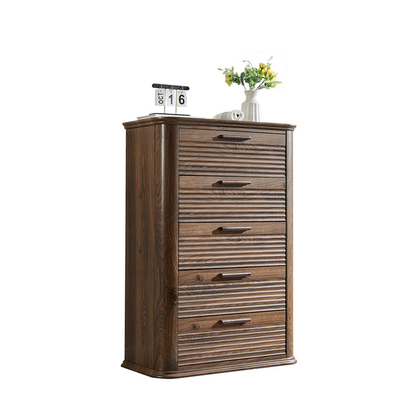 English Elm 6 Drawer Tall Fluted Chest with Waveform Fronts Slim Wooden Storage for Modern Bedroom Walnut T5326P425092