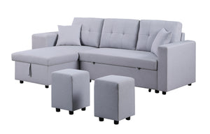English Elm Dino Linen Tufted Sleeper Sectional with Reversible Chaise Storage and Two Ottomans Light Gray B2749S00202
