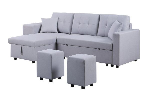 English Elm Dino Linen Tufted Sleeper Sectional with Reversible Chaise Storage and Two Ottomans Light Gray B2749S00202