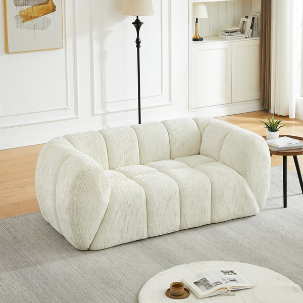 English Elm Chenille Cloud Sofa with Quilted Checkered Cushions and Piano Key Backrest Design Beige W834P442225