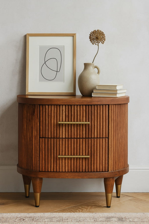 English Elm Solid Mango Wood Ribbed Nightstand with Brass Hardware for Bohemian Bedrooms B182P372154