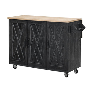 English Elm K&K Farmhouse Kitchen Island with Geometric Twill Doors, ASH Bark Top, Drop Leaf & Lockable Wheels Black N707P221444B