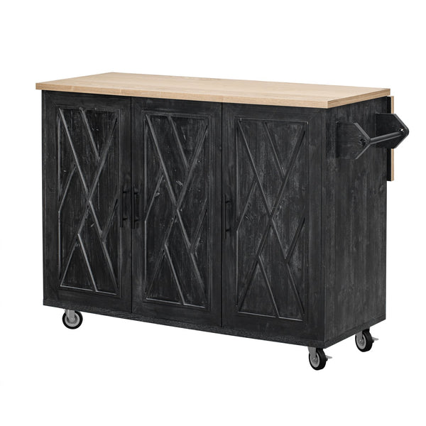 English Elm K&K Farmhouse Kitchen Island with Geometric Twill Doors, ASH Bark Top, Drop Leaf & Lockable Wheels Black N707P221444B