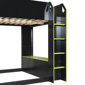 English Elm Full Size Loft Bed with Rgb Lighting Desk Drawers Hanging Rod Teen Bedroom Green LT000288AAF-1