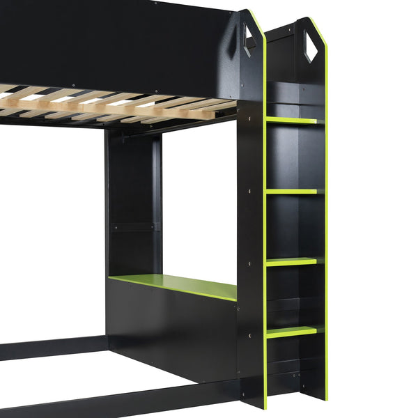 English Elm Full Size Loft Bed with Rgb Lighting Desk Drawers Hanging Rod Teen Bedroom Green LT000288AAF-1