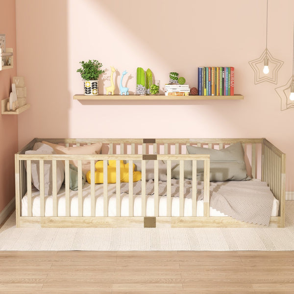 English Elm Twin House Frame Floor Bed Rubberwood with Roof Canopy and Safety Rails for Kids Natural W504P429531